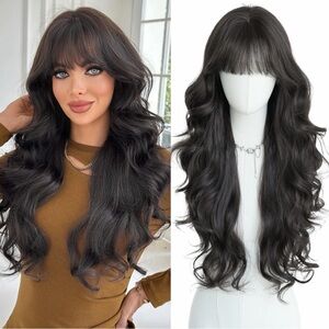 Black Long Wavy Wig with Bangs Women's 30" Wig Glueless Daily Party Natural